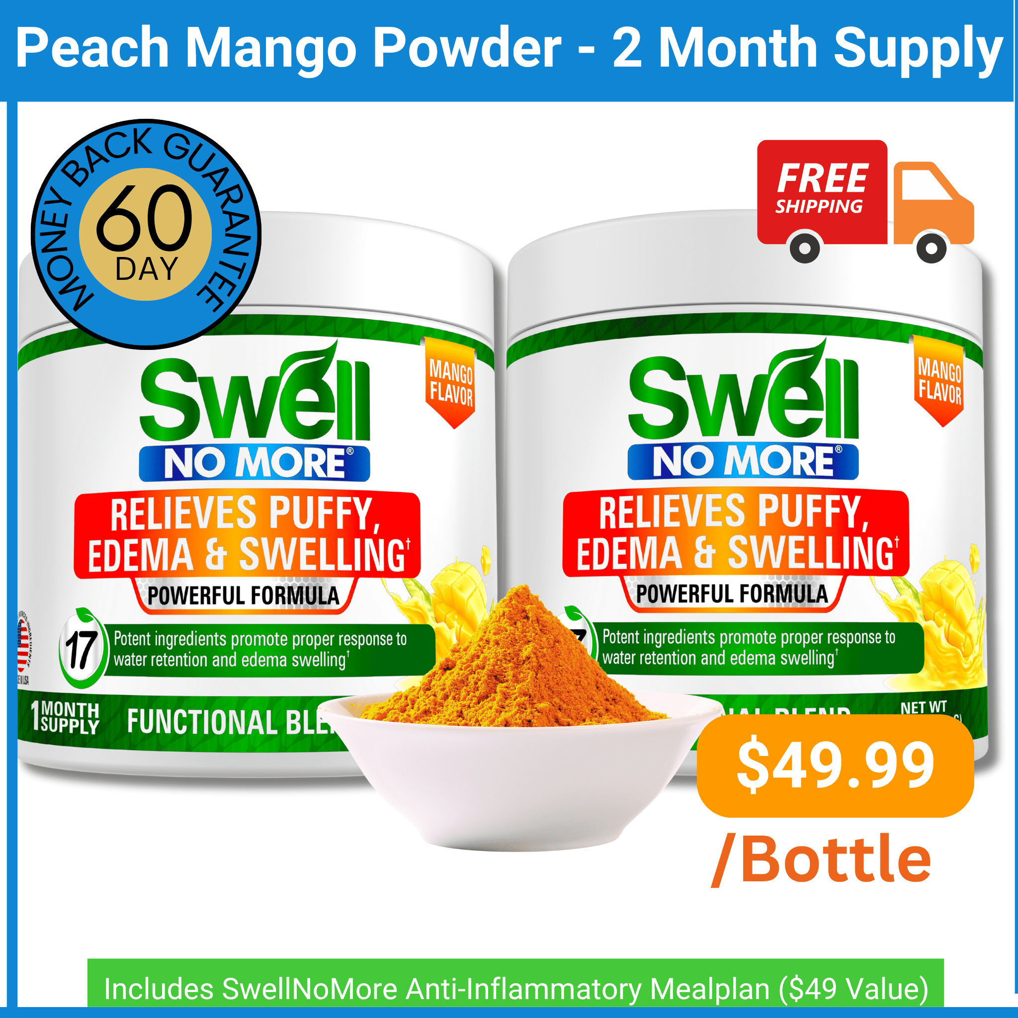 Delicious SwellNoMore Peach Mango Powder! Reduces Edema Swelling Natural Diuretic Anti-Inflammatory