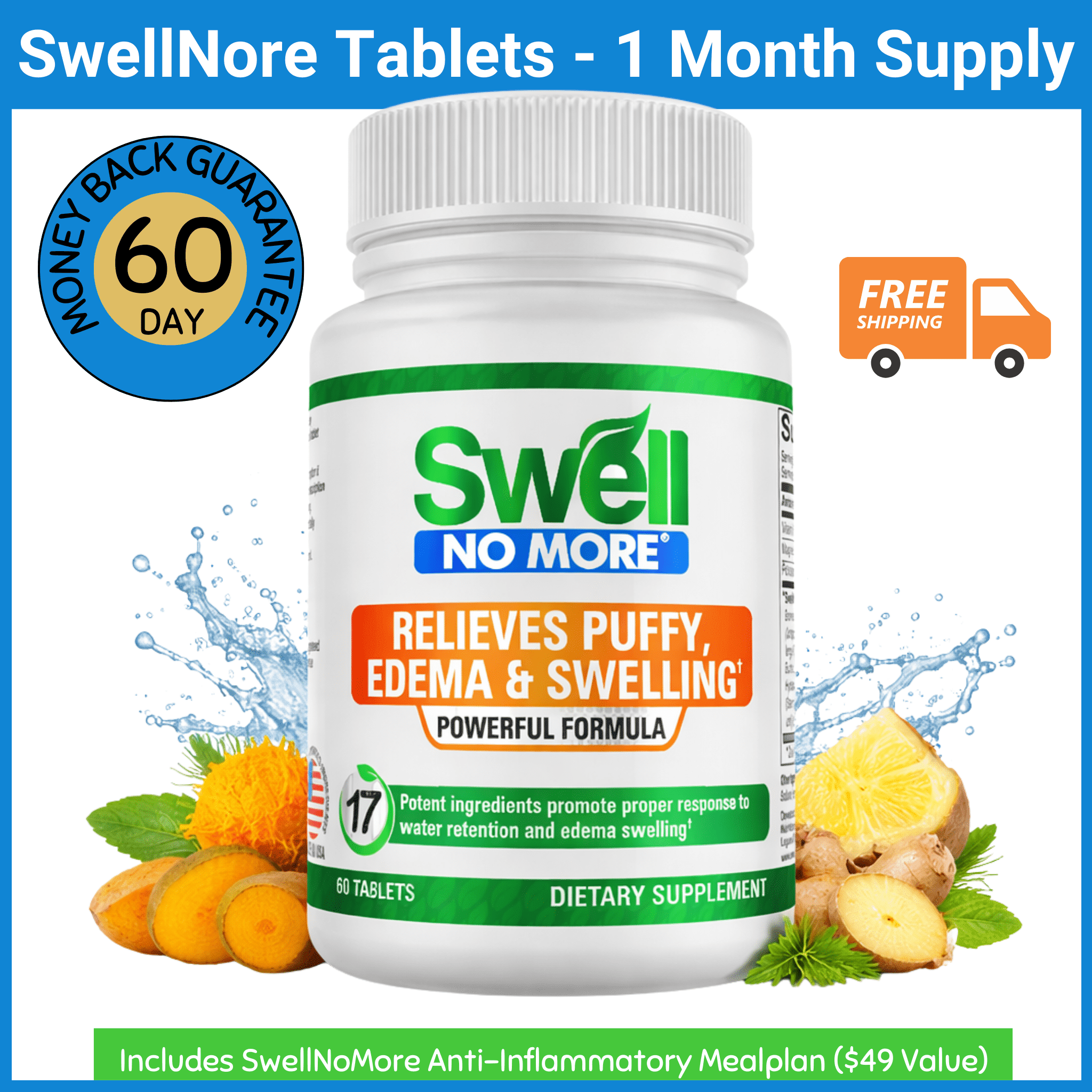 SwellNoMore Tablets Reduces Edema Swelling- Natural Diuretic Anti Inflammatory