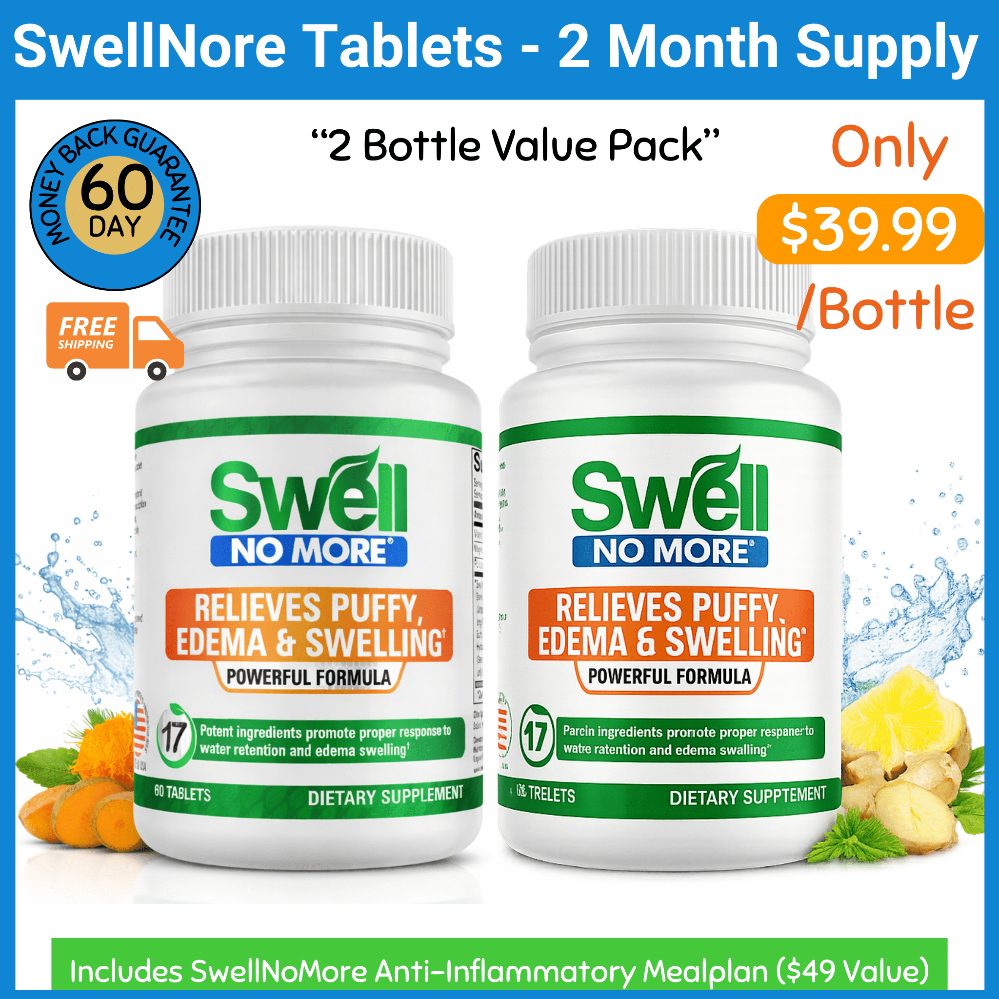 SwellNoMore Tablets Reduces Edema Swelling- Natural Diuretic Anti Inflammatory