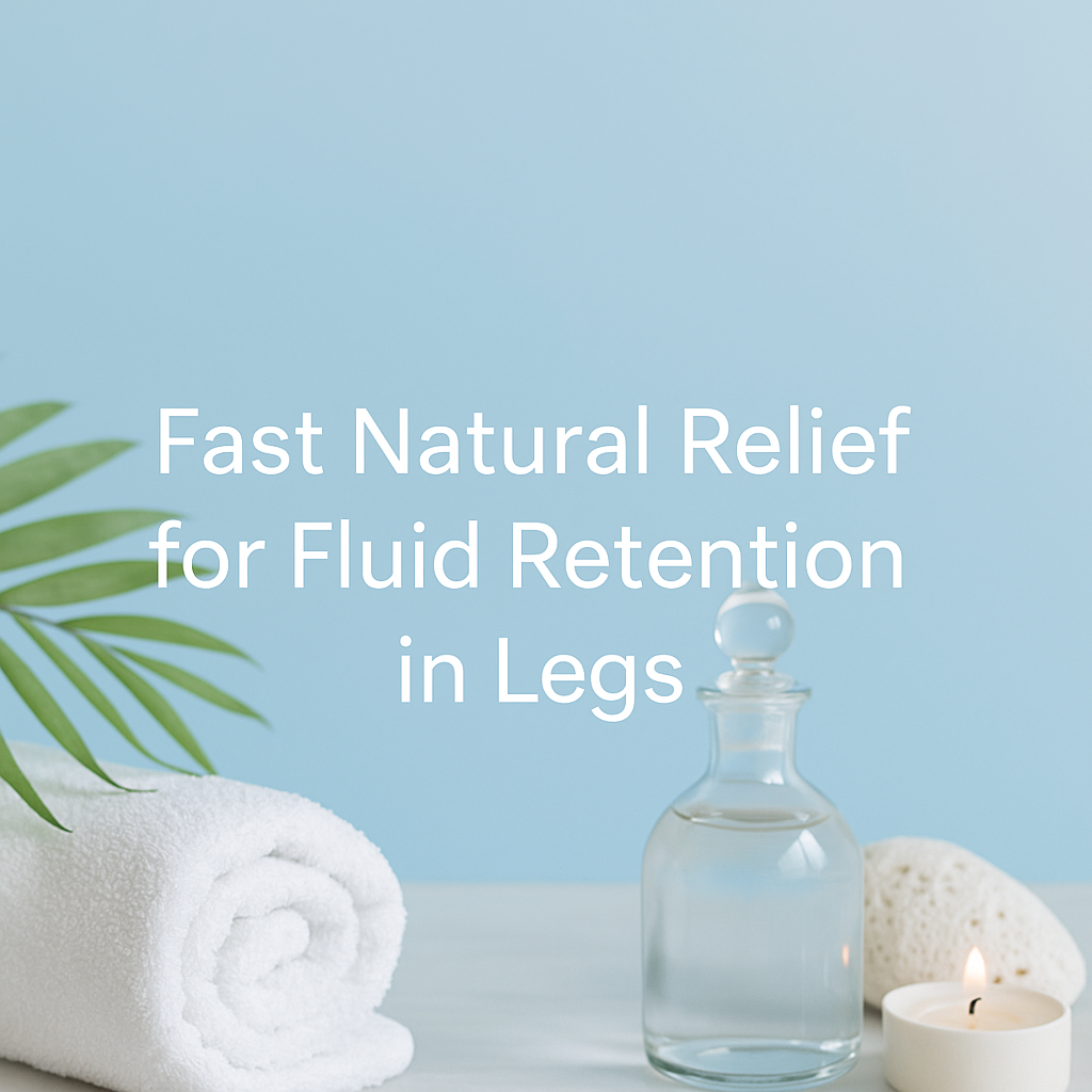 Spa-inspired image with the text "Fast Natural Relief for Fluid Retention in Legs," featuring a rolled towel, candle, palm leaf, and glass water bottle on a light blue background.